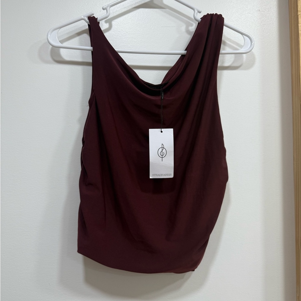 stradivarius Draped One-Shoulder Tank Top in Burgundy size large